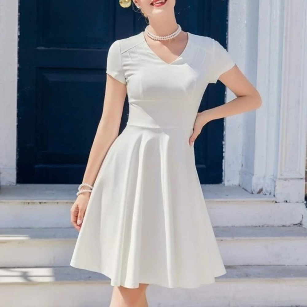 White V-Neck Flowy Short Sleeve Dress - NWT